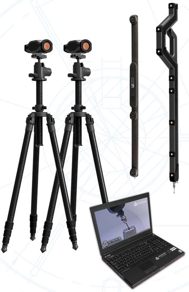 Sistema Metronor DUO: dos cámaras sobre trípode, lápiz de luz y laptop